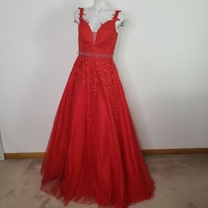 OK Bridal red embroidered rhinestone floor length gown prom dress quinceanera